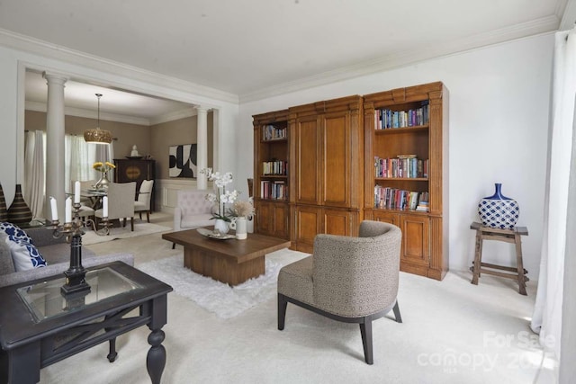 9954 Mitchell Glen Dr, Charlotte, NC 28277 - living room featuring light carpet, ornate columns, and ornamental molding