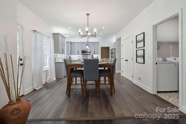 9954 Mitchell Glen Dr, Charlotte, NC 28277 - dining room with independent washer and dryer, a chandelier, dark wood-type flooring, and recessed lighting