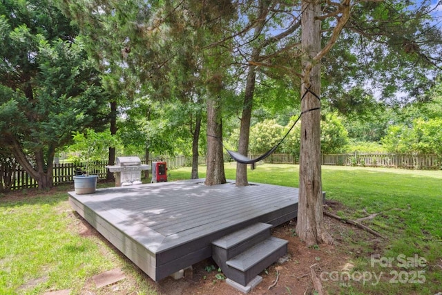 9954 Mitchell Glen Dr, Charlotte, NC 28277 - wooden deck with a fenced backyard, a grill, and view of scattered trees