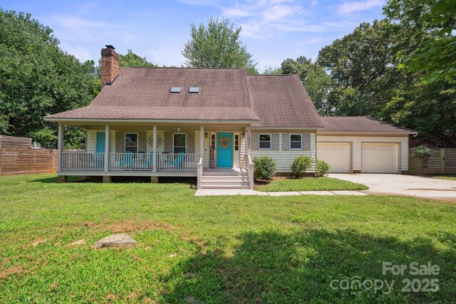 10206 Washam Potts Rd, Cornelius, NC 28031 - view of front of house with a porch, concrete driveway, an attached garage, a chimney, and roof with shingles