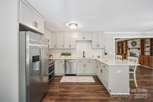 10206 Washam Potts Rd, Cornelius, NC 28031 - kitchen with stainless steel appliances, a peninsula, a breakfast bar, light countertops, and ornamental molding