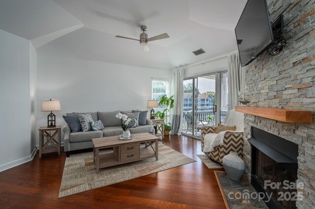 1018 SW Dr SW Unit 18, Davidson, NC 28036 - living room with ceiling fan, a fireplace, wood finished floors, and lofted ceiling