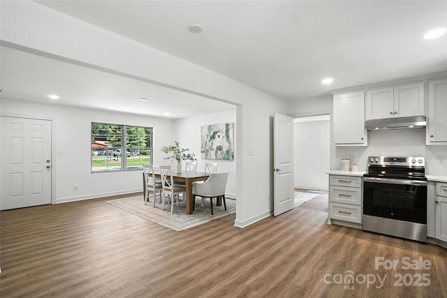 2705 Lowell Bethesda Rd, Gastonia, NC 28056 - kitchen featuring stainless steel electric stove, under cabinet range hood, dark wood-style floors, light countertops, and recessed lighting