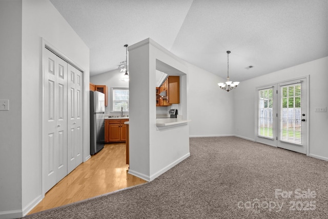 385 Glensprings Dr Unit 269, Fletcher, NC 28732 - unfurnished living room with a chandelier, lofted ceiling, light wood finished floors, light carpet, and a textured ceiling