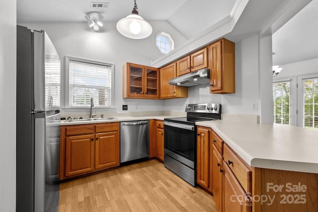 385 Glensprings Dr Unit 269, Fletcher, NC 28732 - kitchen with stainless steel appliances, under cabinet range hood, brown cabinetry, light wood finished floors, and light countertops