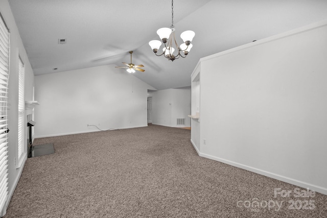 385 Glensprings Dr Unit 269, Fletcher, NC 28732 - unfurnished living room featuring lofted ceiling, ceiling fan, carpet flooring, a chandelier, and a fireplace with flush hearth