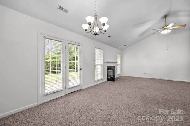 385 Glensprings Dr Unit 269, Fletcher, NC 28732 - unfurnished living room featuring carpet floors, lofted ceiling, a chandelier, a fireplace with flush hearth, and ceiling fan