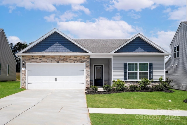 7106 Jerimoth Dr, Charlotte, NC 28215 - craftsman-style home with stone siding, a front yard, concrete driveway, and a garage