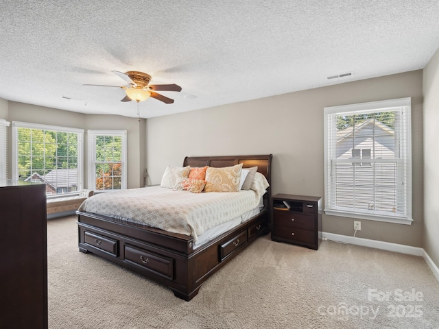 165 Cottontail Ln SE, Concord, NC 28025 - bedroom with light colored carpet, multiple windows, a textured ceiling, and ceiling fan