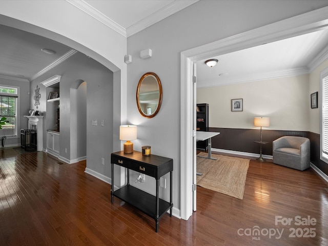 1808 Mill Chase Ln, Waxhaw, NC 28173 - corridor featuring wood finished floors, arched walkways, and crown molding