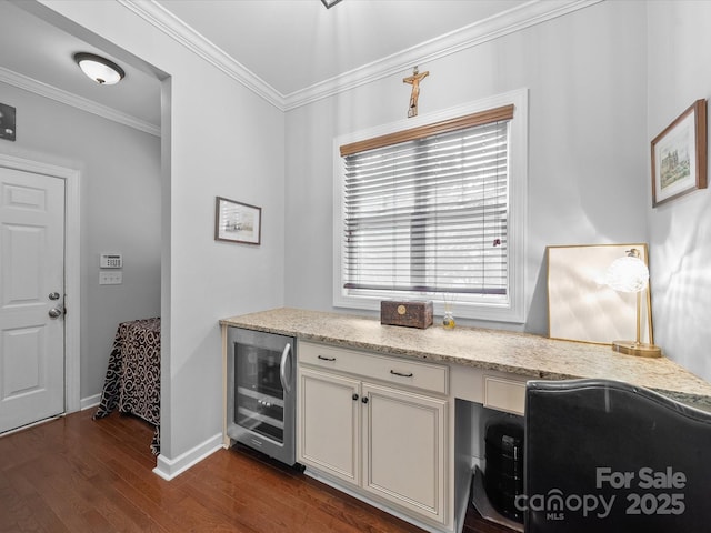 1808 Mill Chase Ln, Waxhaw, NC 28173 - bar featuring beverage cooler, dark wood-style flooring, and crown molding