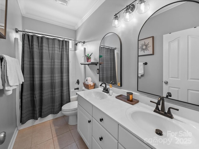 1808 Mill Chase Ln, Waxhaw, NC 28173 - full bath featuring ornamental molding, double vanity, shower / tub combo with curtain, and tile patterned floors