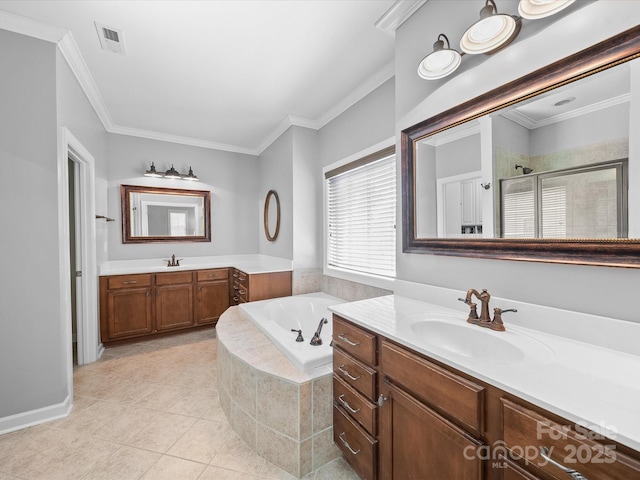 1808 Mill Chase Ln, Waxhaw, NC 28173 - full bath with a shower stall, a bath, two vanities, ornamental molding, and tile patterned flooring