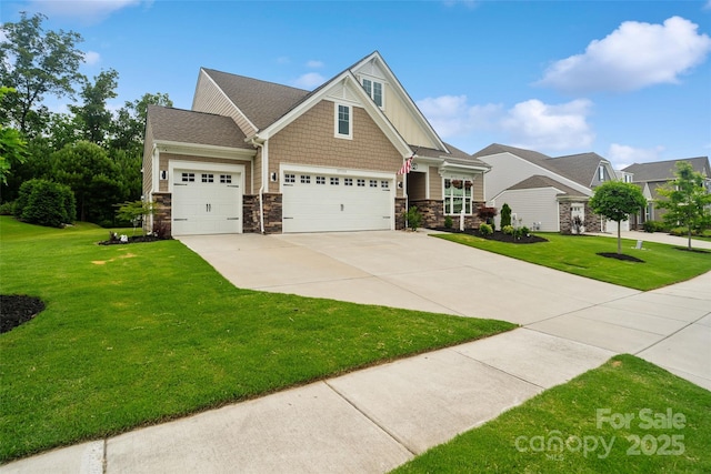 17733 Burnt Hickory Dr, Charlotte, NC 28278 - craftsman inspired home featuring driveway, a front yard, stone siding, and an attached garage