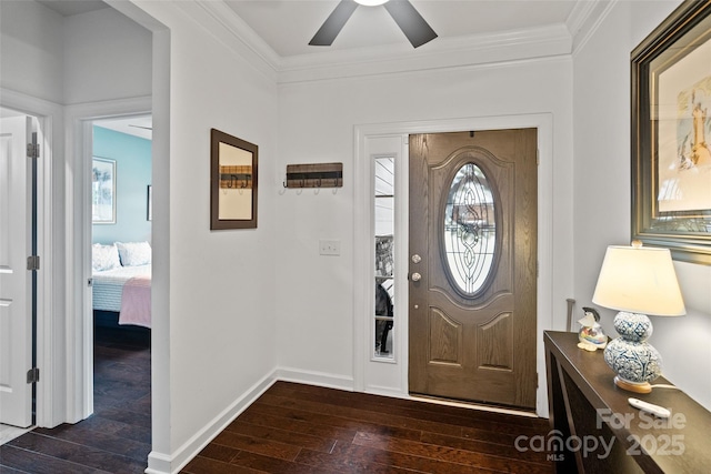 17733 Burnt Hickory Dr, Charlotte, NC 28278 - foyer entrance featuring dark wood finished floors, crown molding, and a ceiling fan