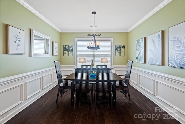 17733 Burnt Hickory Dr, Charlotte, NC 28278 - dining area with healthy amount of natural light, ornamental molding, dark wood-style flooring, a decorative wall, and a wainscoted wall