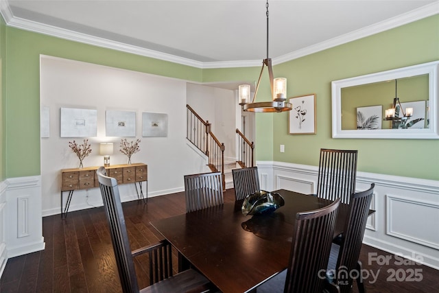 17733 Burnt Hickory Dr, Charlotte, NC 28278 - dining area featuring crown molding, stairs, hardwood / wood-style floors, a chandelier, and wainscoting