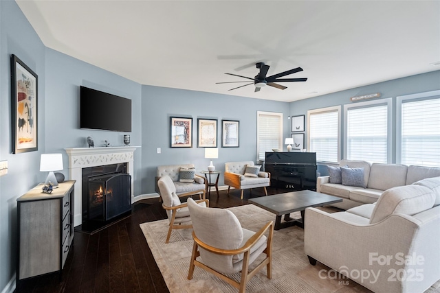 17733 Burnt Hickory Dr, Charlotte, NC 28278 - living area featuring ceiling fan, a lit fireplace, and hardwood / wood-style floors