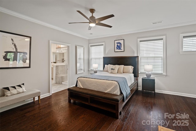 17733 Burnt Hickory Dr, Charlotte, NC 28278 - bedroom featuring ornamental molding, multiple windows, hardwood / wood-style floors, ceiling fan, and ensuite bath