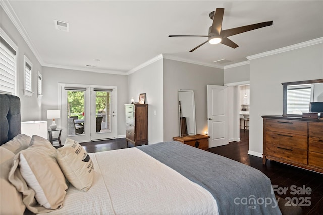 17733 Burnt Hickory Dr, Charlotte, NC 28278 - bedroom with dark wood finished floors, access to outside, crown molding, and ceiling fan