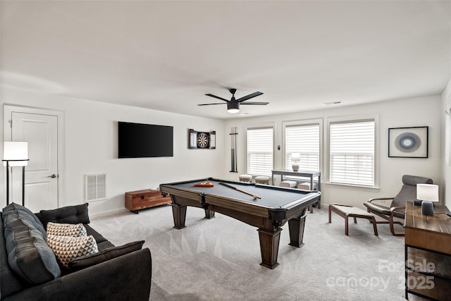 17733 Burnt Hickory Dr, Charlotte, NC 28278 - game room featuring ceiling fan, pool table, and light colored carpet