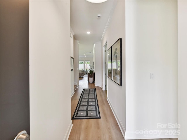 1120 Idyllic Ln, Waxhaw, NC 28173 - corridor with wood finished floors, ornamental molding, and recessed lighting