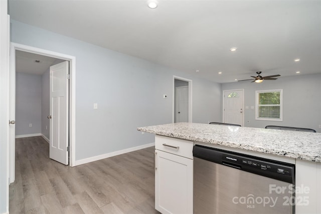 213 Pinewood Dr, Grover, NC 28073 - kitchen featuring stainless steel dishwasher, light wood-style floors, a ceiling fan, white cabinetry, and recessed lighting