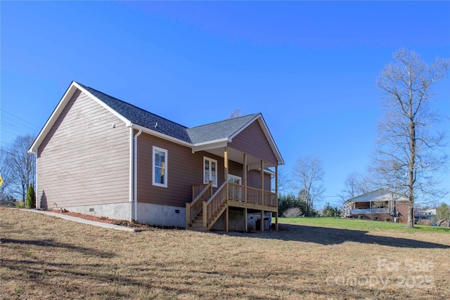 2158 Watson Rd, Lenoir, NC 28645 - rear view of house with stairs, a lawn, crawl space, a shingled roof, and covered porch