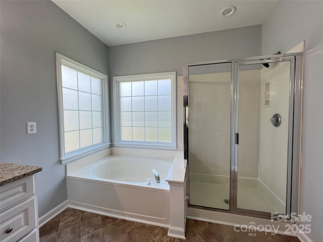 2609 Lamp Post Ln, Kannapolis, NC 28081 - bathroom with a bath, a stall shower, vanity, and tile patterned floors