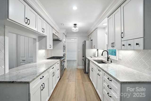 4825 Deanscroft Dr, Charlotte, NC 28226 - kitchen featuring crown molding, light wood-style floors, backsplash, under cabinet range hood, and white cabinetry