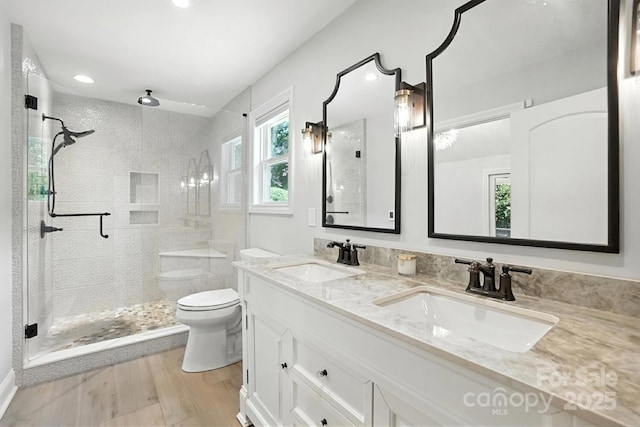 4825 Deanscroft Dr, Charlotte, NC 28226 - full bath featuring a shower stall, double vanity, and recessed lighting