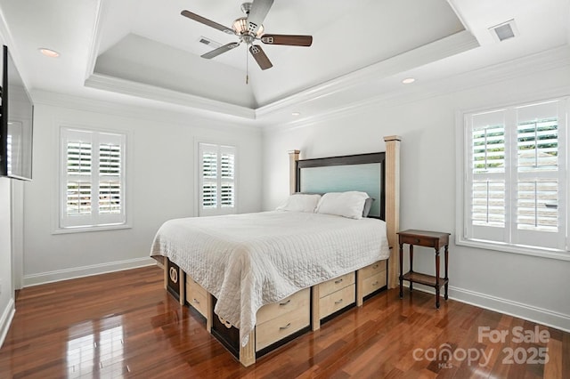 4825 Deanscroft Dr, Charlotte, NC 28226 - bedroom with multiple windows, a raised ceiling, ornamental molding, dark wood finished floors, and recessed lighting