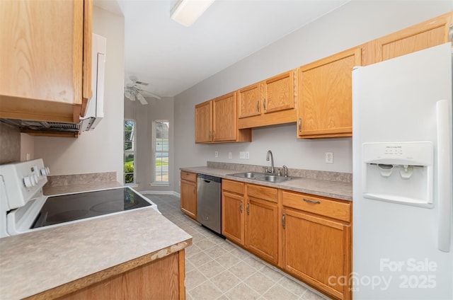 168 Devon Forest Dr, Mooresville, NC 28115 - kitchen with white appliances, light countertops, ceiling fan, and light floors