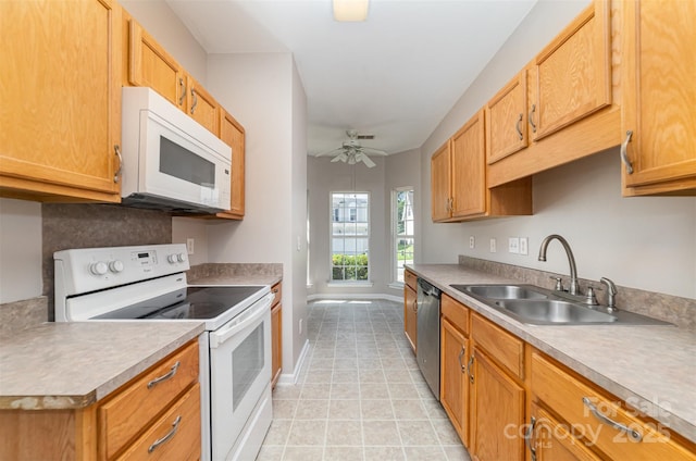 168 Devon Forest Dr, Mooresville, NC 28115 - kitchen with white appliances, a ceiling fan, light tile patterned floors, and light countertops