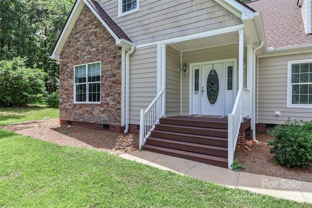 5890 Alley Rd, Catawba, NC 28609 - doorway to property featuring crawl space, roof with shingles, stone siding, and a lawn