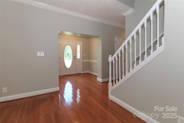 5890 Alley Rd, Catawba, NC 28609 - entrance foyer with crown molding, wood-type flooring, stairway, and a textured ceiling