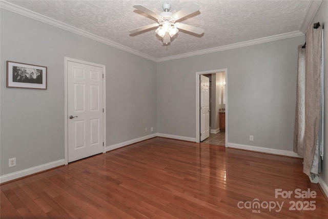 5890 Alley Rd, Catawba, NC 28609 - unfurnished bedroom with wood finished floors, a textured ceiling, crown molding, ensuite bathroom, and ceiling fan