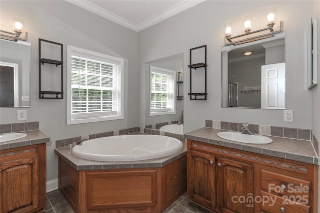 5890 Alley Rd, Catawba, NC 28609 - full bath with two vanities, a bath, crown molding, and tile patterned flooring