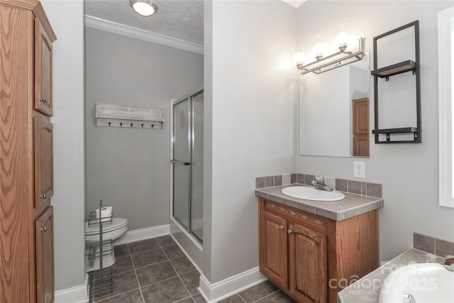 5890 Alley Rd, Catawba, NC 28609 - bathroom featuring a stall shower, vanity, ornamental molding, tile patterned floors, and a textured ceiling