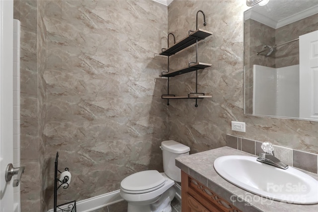 5890 Alley Rd, Catawba, NC 28609 - full bathroom featuring vanity, tile walls, a shower, and crown molding