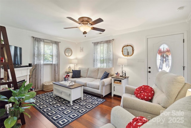 1219 Flowe Dr, Matthews, NC 28104 - living area with ceiling fan, crown molding, dark wood finished floors, and a fireplace