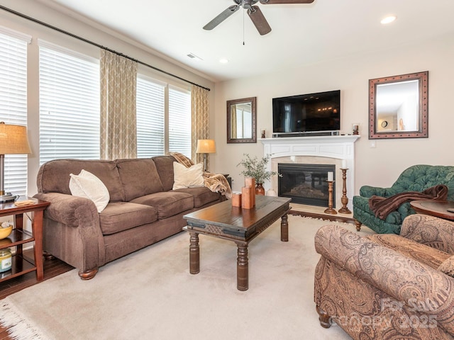 1109 Saratoga Blvd, Indian Trail, NC 28079 - living area with a ceiling fan, a glass covered fireplace, and recessed lighting