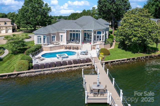 3394 Governors Island Dr, Denver, NC 28037 - rear view of house featuring a water view, a patio, an outdoor pool, and outdoor dining area