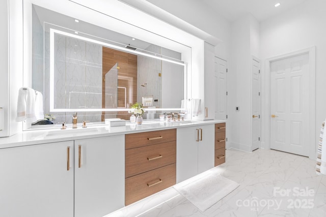 3394 Governors Island Dr, Denver, NC 28037 - full bath featuring double vanity, a stall shower, and marble finish floors