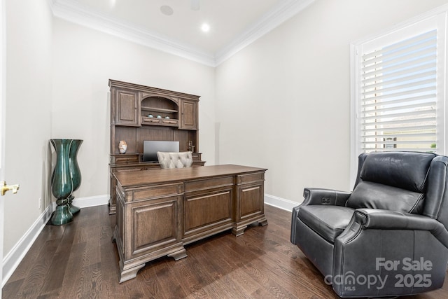 3394 Governors Island Dr, Denver, NC 28037 - home office featuring dark wood-type flooring and crown molding