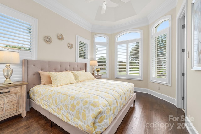 3394 Governors Island Dr, Denver, NC 28037 - bedroom with dark wood-type flooring, crown molding, a raised ceiling, and a ceiling fan