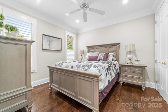 3394 Governors Island Dr, Denver, NC 28037 - bedroom with dark wood-type flooring, multiple windows, crown molding, recessed lighting, and a ceiling fan