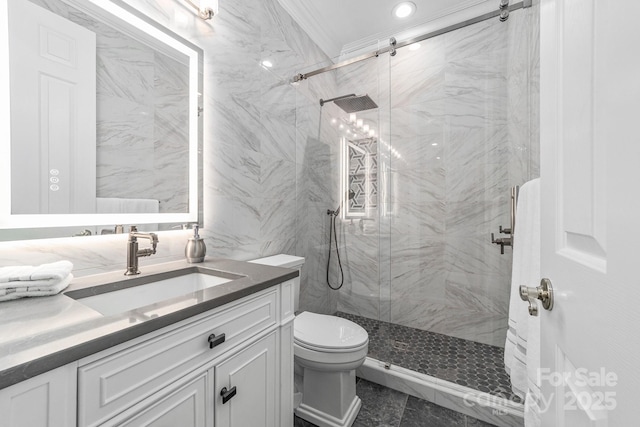 3394 Governors Island Dr, Denver, NC 28037 - bathroom featuring ornamental molding, a marble finish shower, and vanity