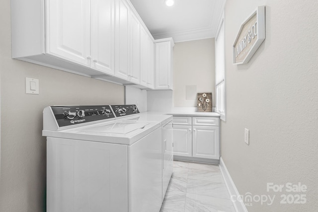 3394 Governors Island Dr, Denver, NC 28037 - laundry room with light marble finish flooring, washing machine and dryer, ornamental molding, and cabinet space