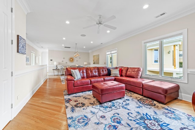3394 Governors Island Dr, Denver, NC 28037 - living room featuring light wood-style floors, crown molding, a ceiling fan, and recessed lighting